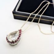 Artisan Ruby & Carved Rock Crystal Sterling Silver Pendant Necklace