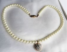 Pearl Necklace with Crystal Heart with Gift Pouch