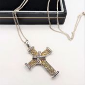 Platinum on Sterling Silver Yellow Diamond Cross Pendant Necklace 'New' with Gift Box