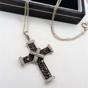 Platinum on Silver Cognac Diamond Cross Pendant Necklace 'New' with Gift Box