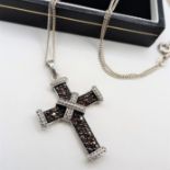 Platinum on Silver Cognac Diamond Cross Pendant Necklace 'New' with Gift Box