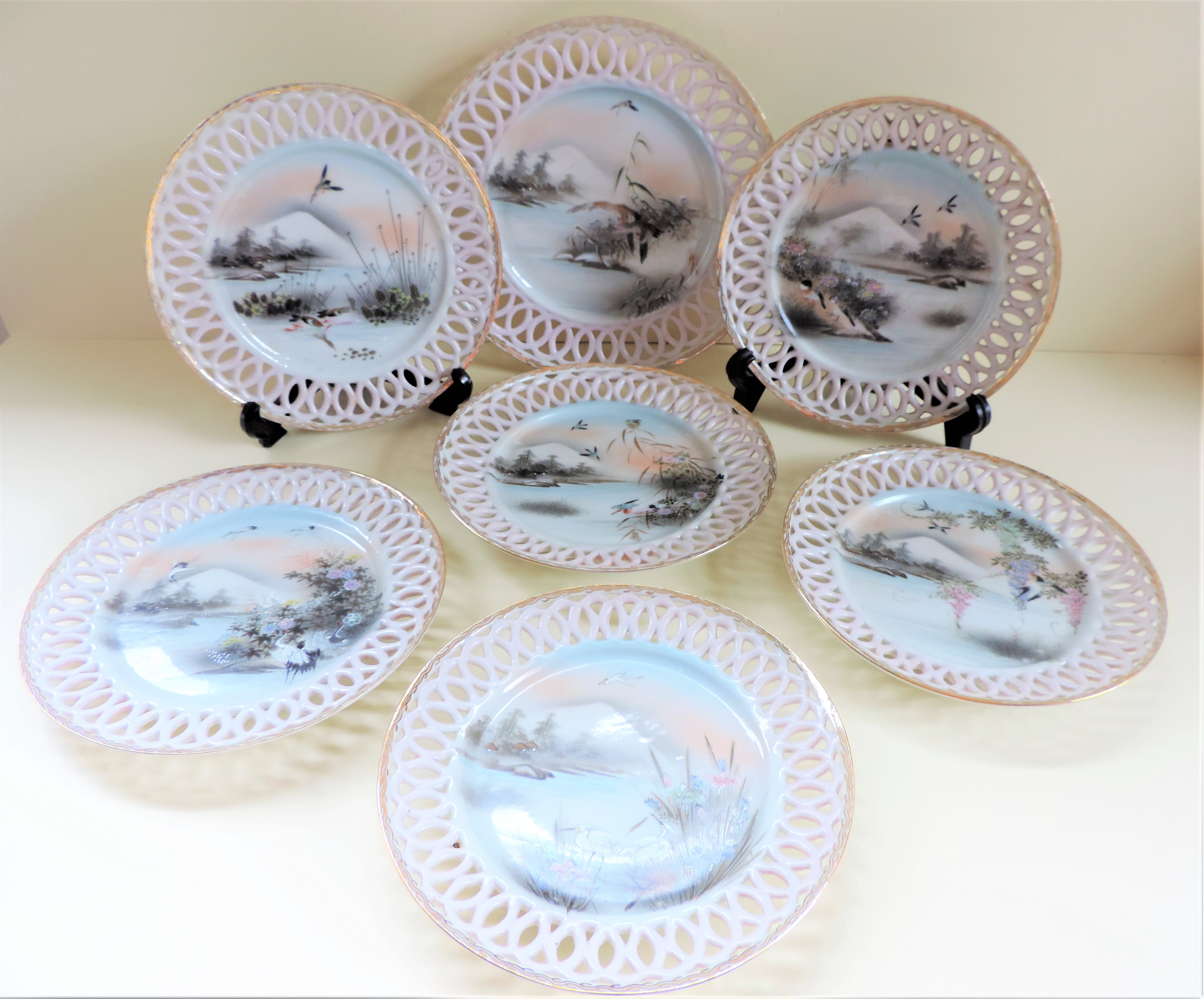 Suite of 7 Oriental Hand Painted Porcelain Dessert/Tea Plates - Image 2 of 10