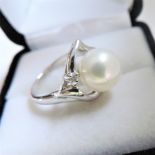 Sterling Silver Cultured Pearl & Diamond Ring 'NEW' with Gift Pouch