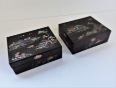 Pair Vintage Oriental Inlaid Mother of Pearl Lacquer Boxes
