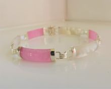 Pink Jade & Mother of Pearl Bracelet in Sterling Silver c. 1970's