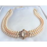 Triple Strand Pearl & Crystal Choker Necklace with Gift Box