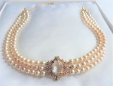Triple Strand Pearl & Crystal Choker Necklace with Gift Box
