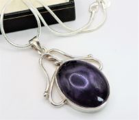 Vintage Artisan Sterling Silver Cabochon Amethyst Pendant Necklace