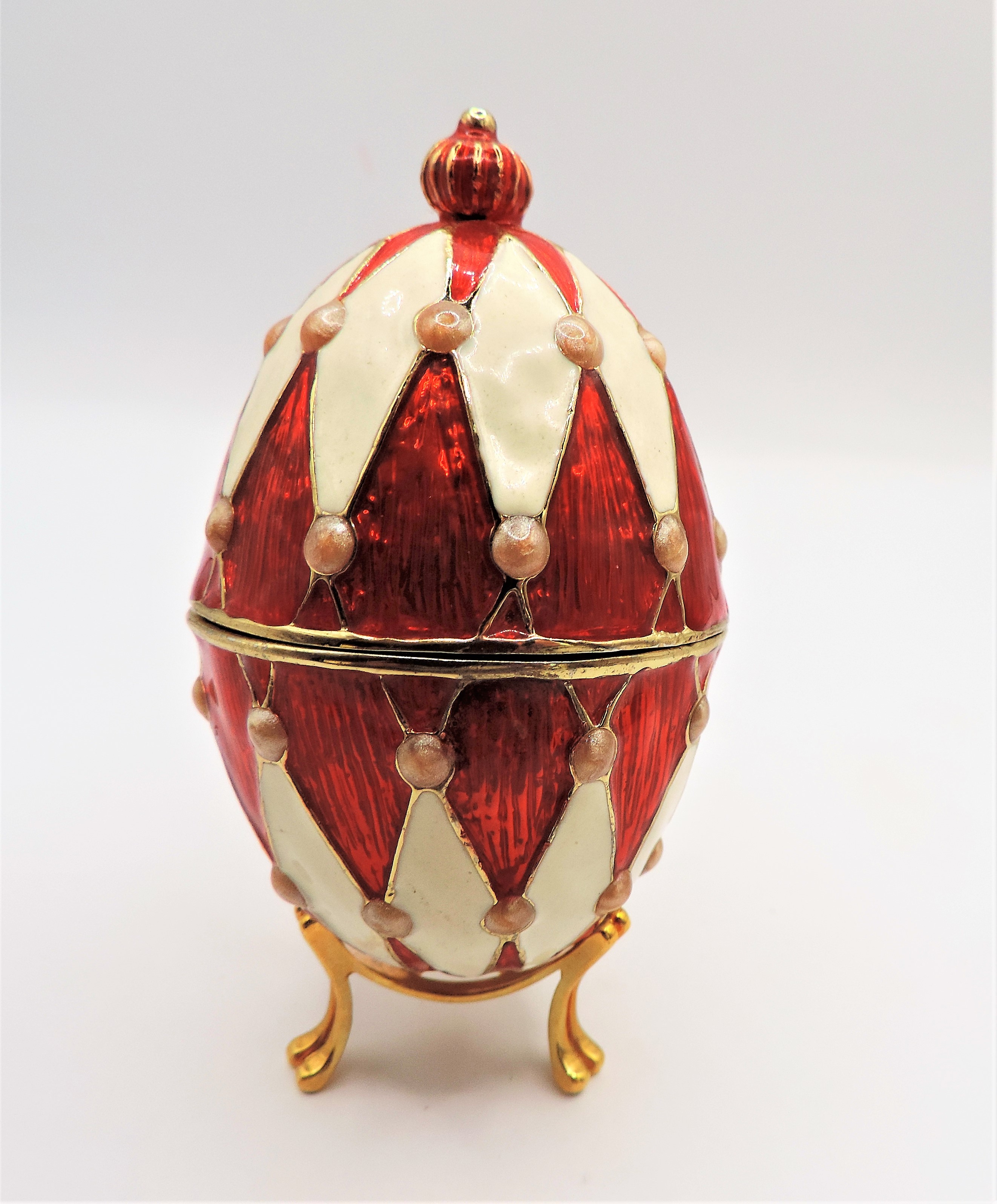 Faberge Style Decorative Enamel Egg Trinket Box & Stand