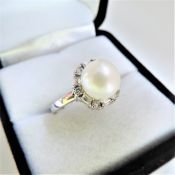 Sterling Silver Cultured Pearl & White Gemstone Ring 'NEW' with Gift Pouch