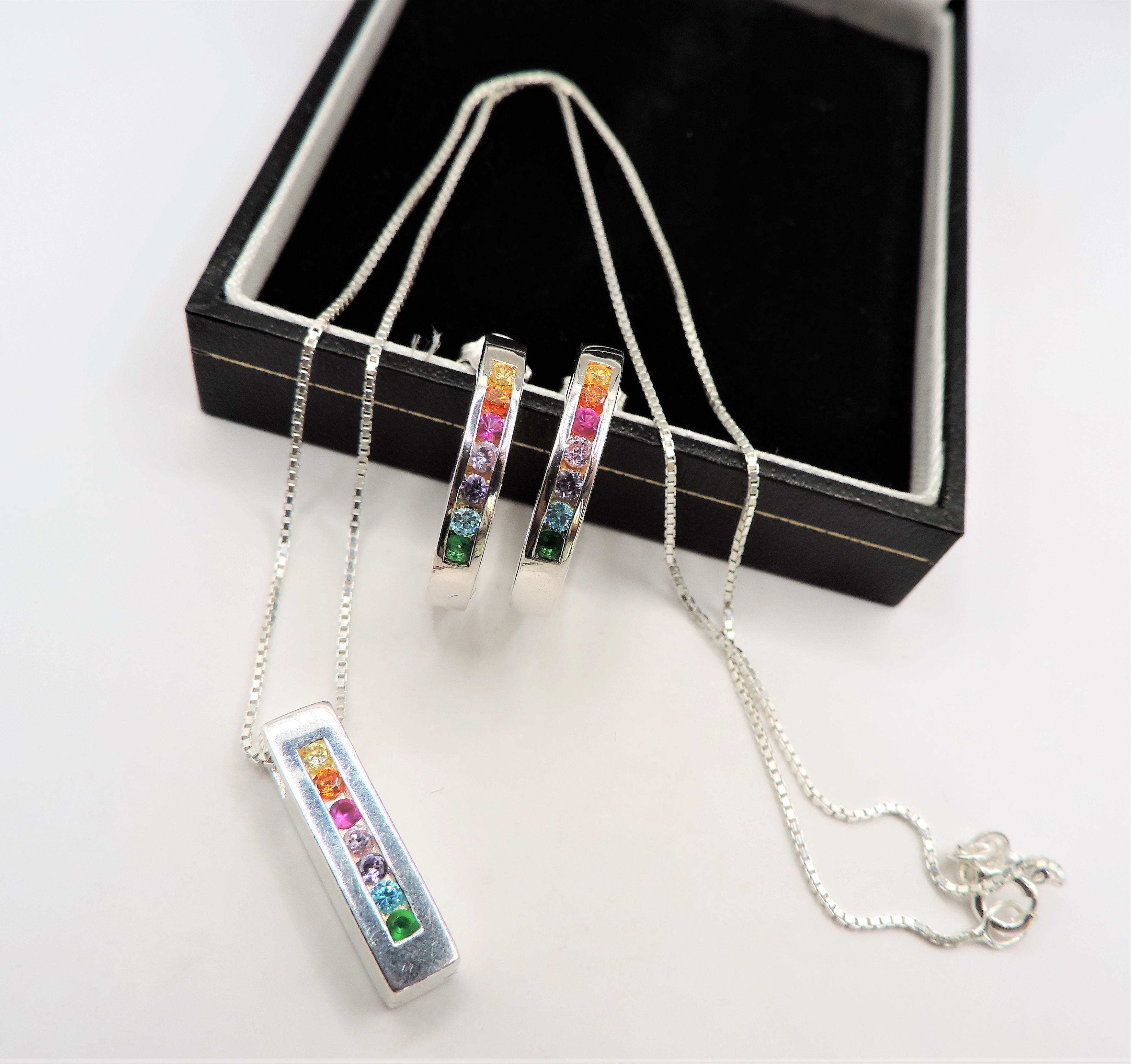 Sterling Silver Multi Gemstone Necklace and Earrings Set New with Gift Pouch