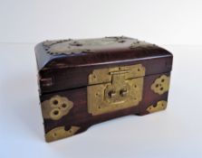 Vintage Oriental Wood Brass & Jade Jewellery Box