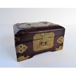 Vintage Oriental Wood Brass & Jade Jewellery Box