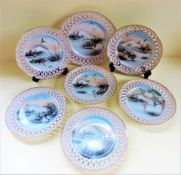 Suite of 7 Oriental Hand Painted Porcelain Dessert/Tea Plates