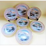 Suite of 7 Oriental Hand Painted Porcelain Dessert/Tea Plates