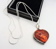 Sterling Silver Amber Pendant Necklace 24 inch Chain
