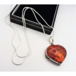 Sterling Silver Amber Pendant Necklace 24 inch Chain