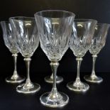 Vintage Silver Stem Cut Crystal Wine Glasses Set 6