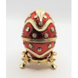 Faberge Style Jewel Encrusted Enamel Egg Trinket Box & Stand