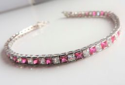 Sterling Silver Pink & White Topaz Tennis Bracelet 58 x 3mm Gemstones 'NEW' with Gift Box