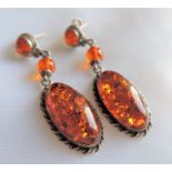 Pair Sterling Silver Amber Drop Earrings with Gift Pouch