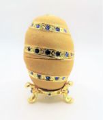 Faberge Style Gold Blue Jewelled Egg Trinket Box & Stand