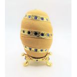 Faberge Style Gold Blue Jewelled Egg Trinket Box & Stand