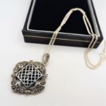 Vintage Sterling Silver Marcasite & Jet Pendant Necklace