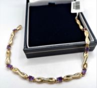 Gold on Sterling Silver Amethyst Gemstone Bracelet 'NEW' with Gift Box