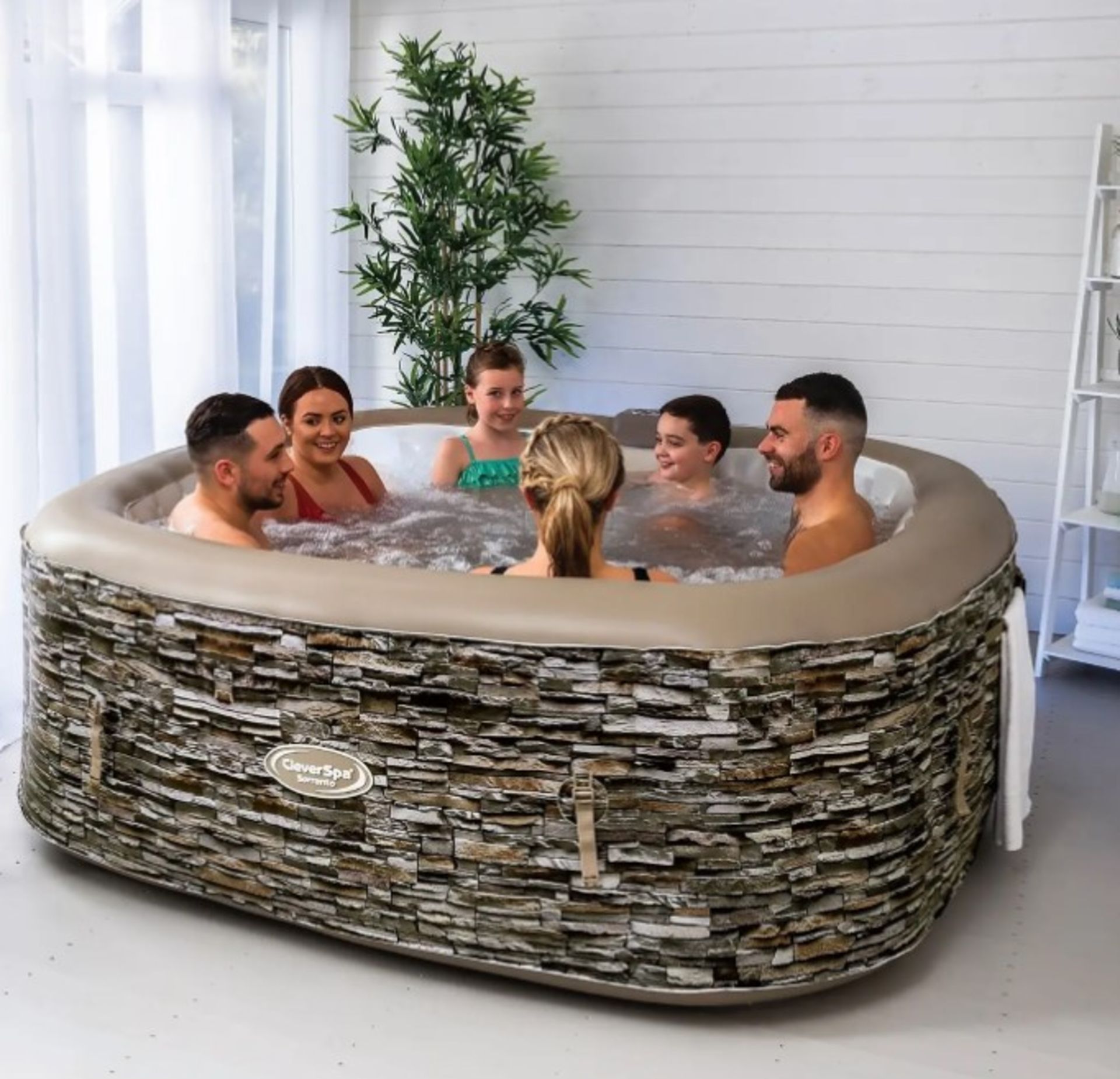 (R9) RRP £500. Cleverspa Sorrento 6 Person Square Hot Tub With LED Lights. LED Lights Seen Working.