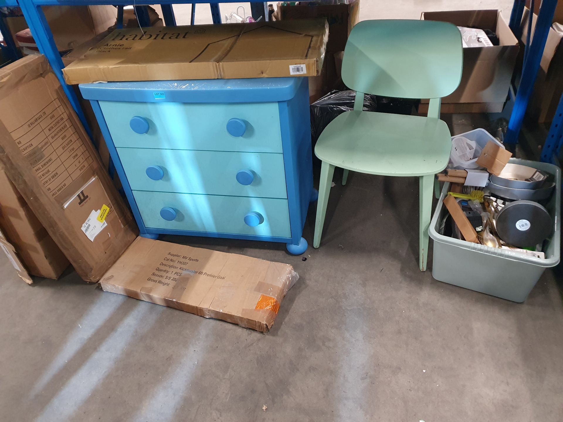 (R6) Contents To Under Racking. Childs Set Of Draws. Chair. Box Of Cutlery And Kitchen Accessories.