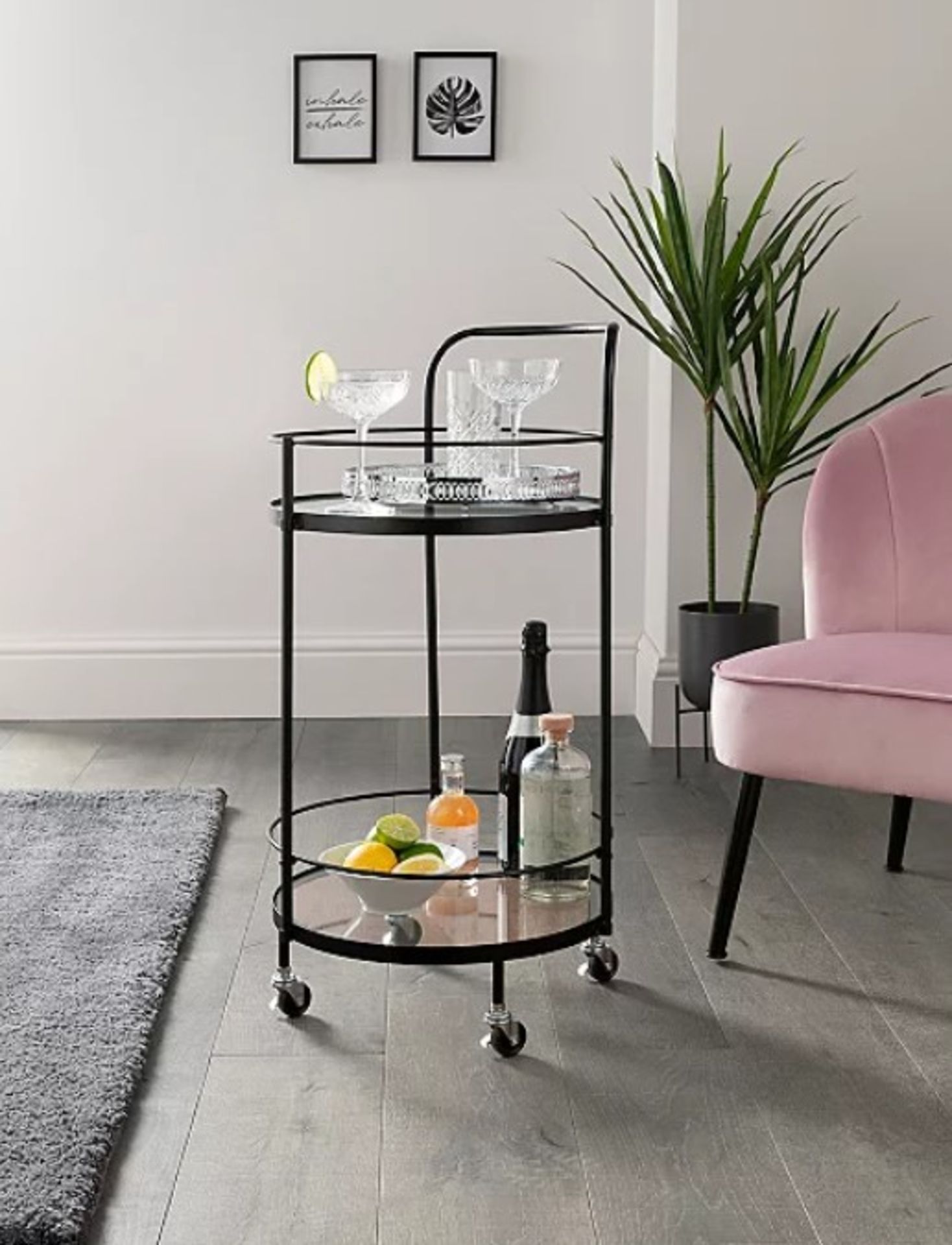 (2B) 4x Items. 1x Drinks Trolley Black RRP £30. 1x Metal Plant Stand Black RRP £25. 1x Pink 2 Tier