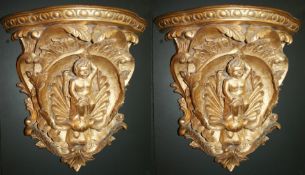 Pair of Gilded Hand Carved Cherubic Wall Brackets