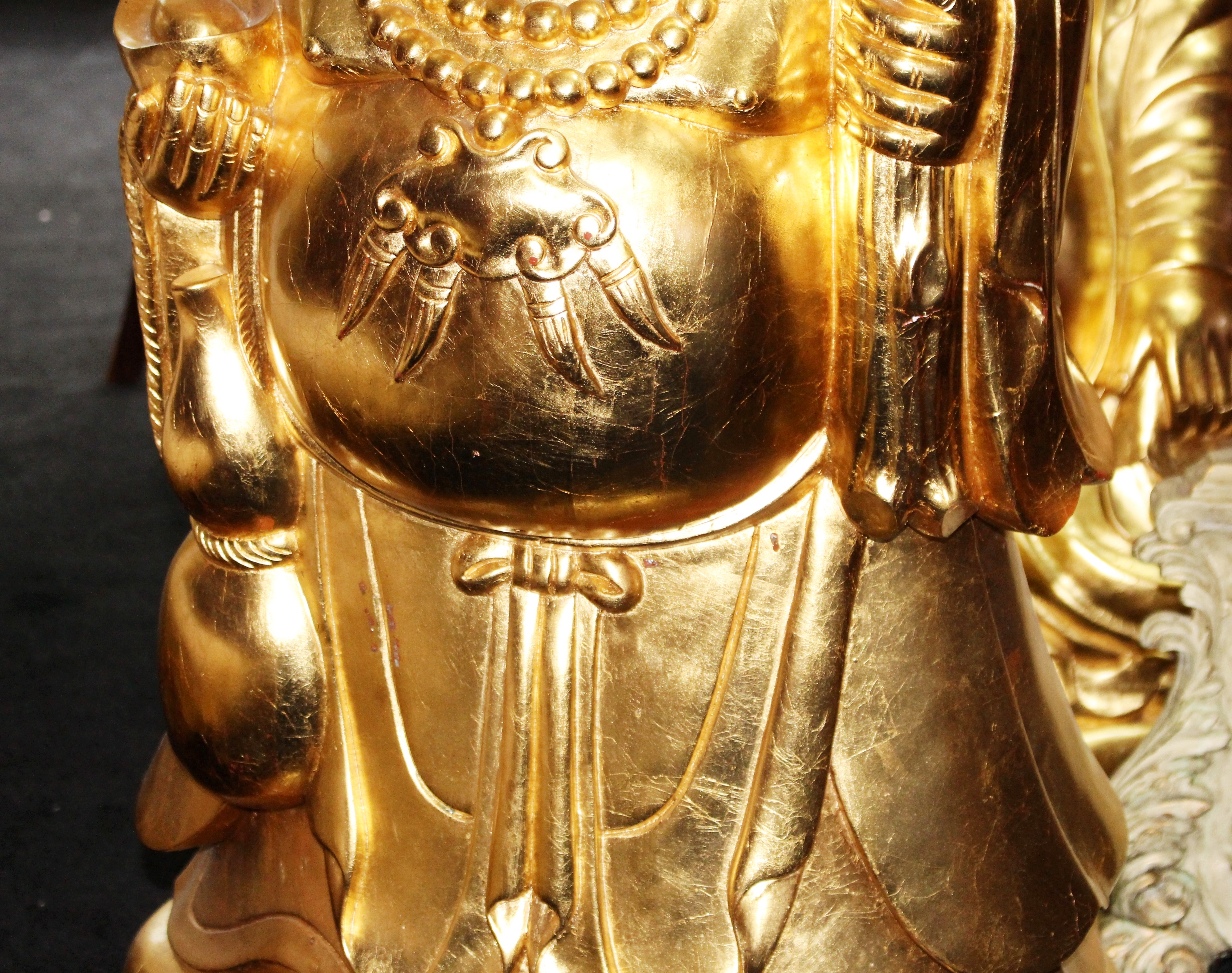 Large Carved Wood Gold Leaf Laughing Buddha on Rocks - Image 4 of 6