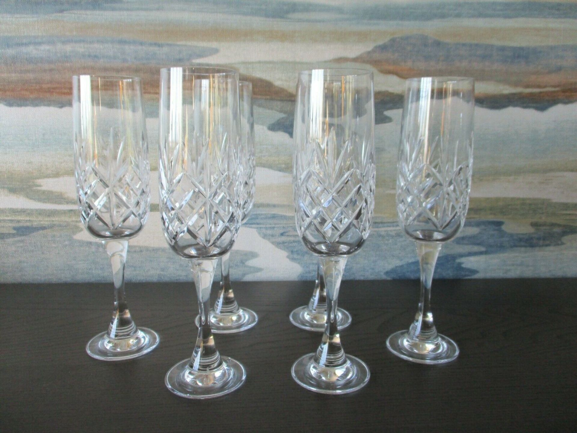 Set of 6 Fine Vintage Cut Glass Champagne Flutes