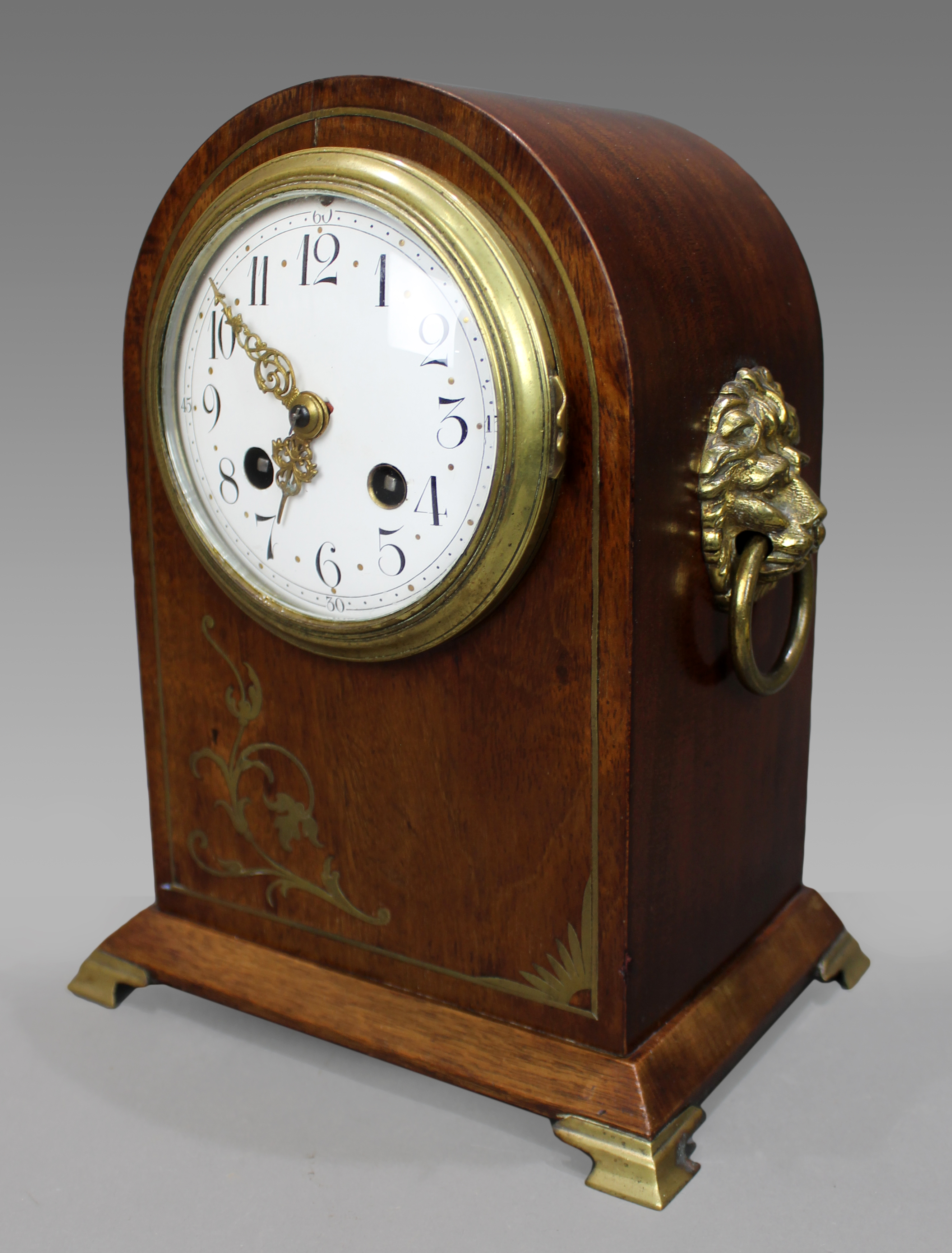 French Mahogany Brass Inlaid Mantle Clock c.1900 by Marti - Image 4 of 4