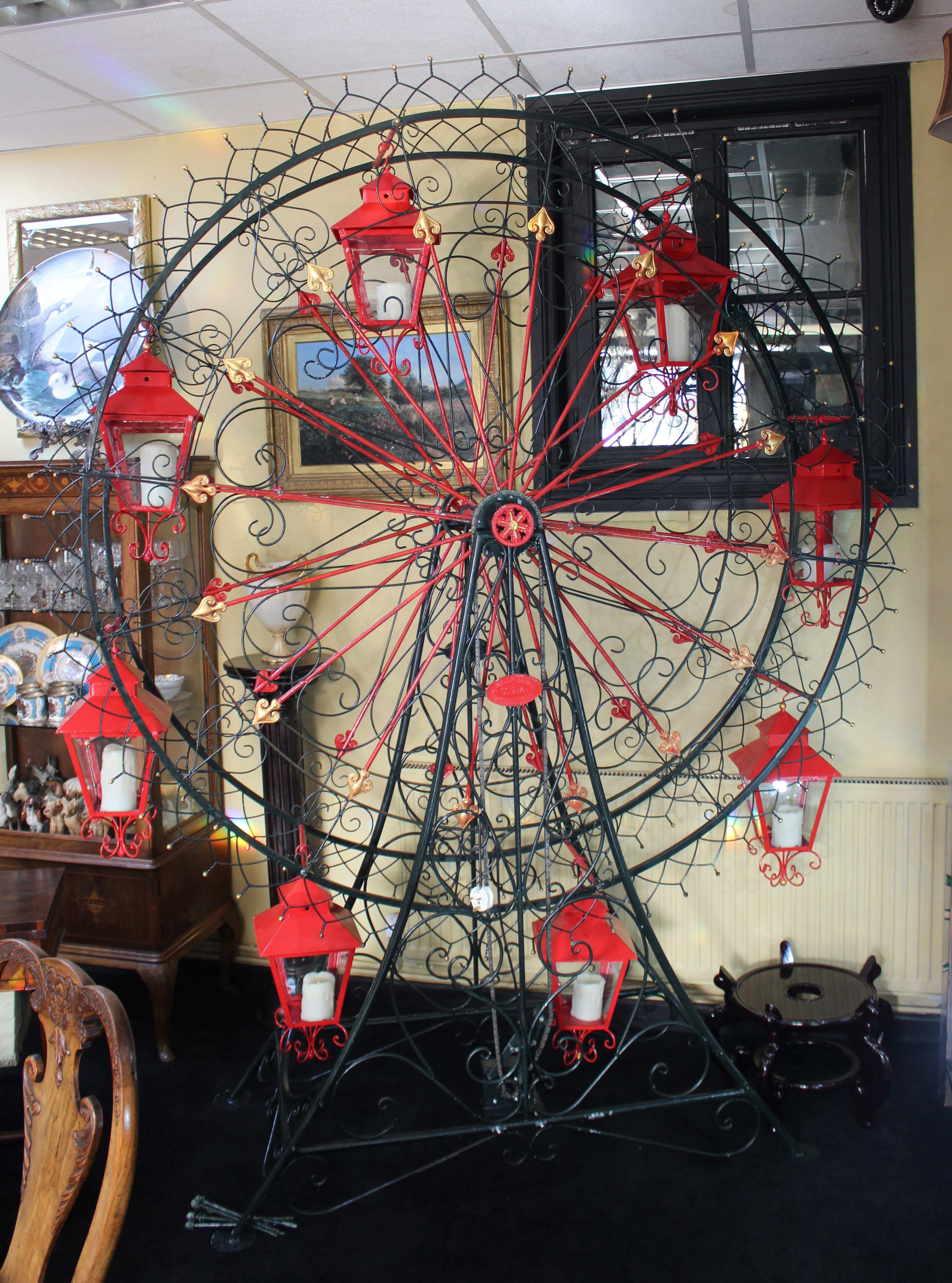 Very Large Painted Metal Garden Ferris Wheel with Lanterns - Image 2 of 6