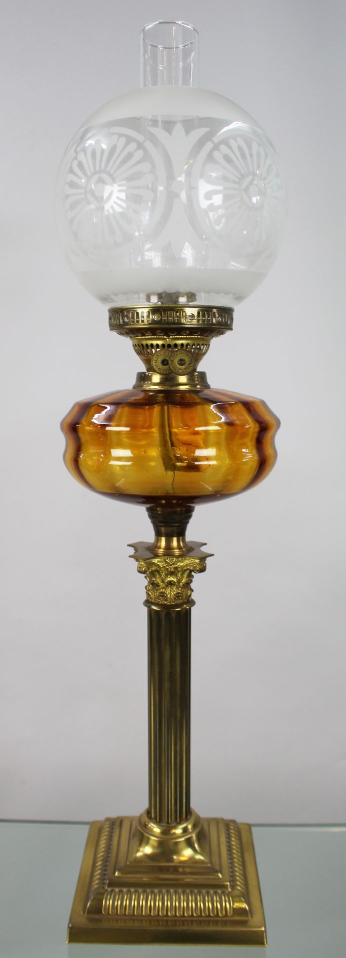 Victorian Brass Oil Lamp with Amber Font - Image 2 of 2