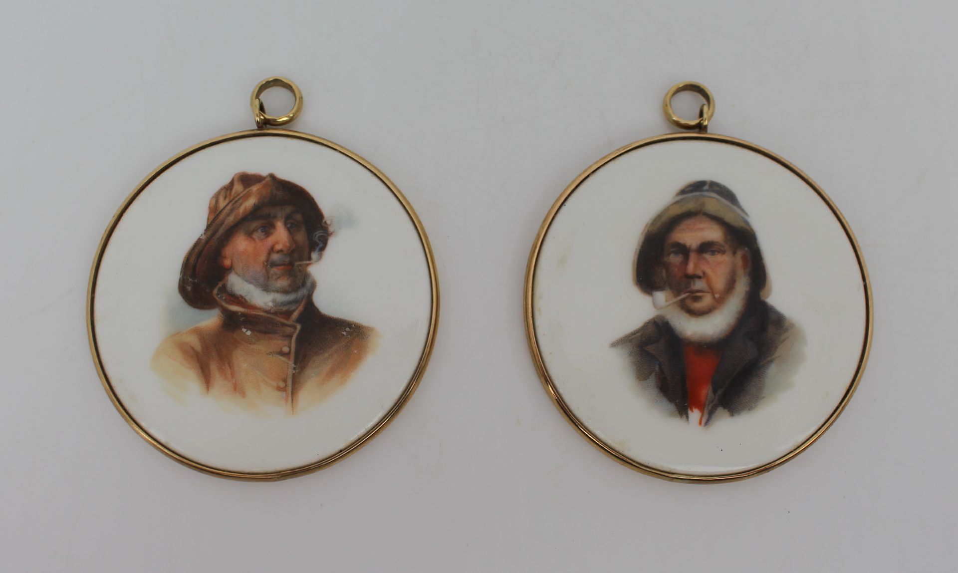 Pair of Antique Hand Painted Porcelain Plaques in 9ct Gold Surrounds