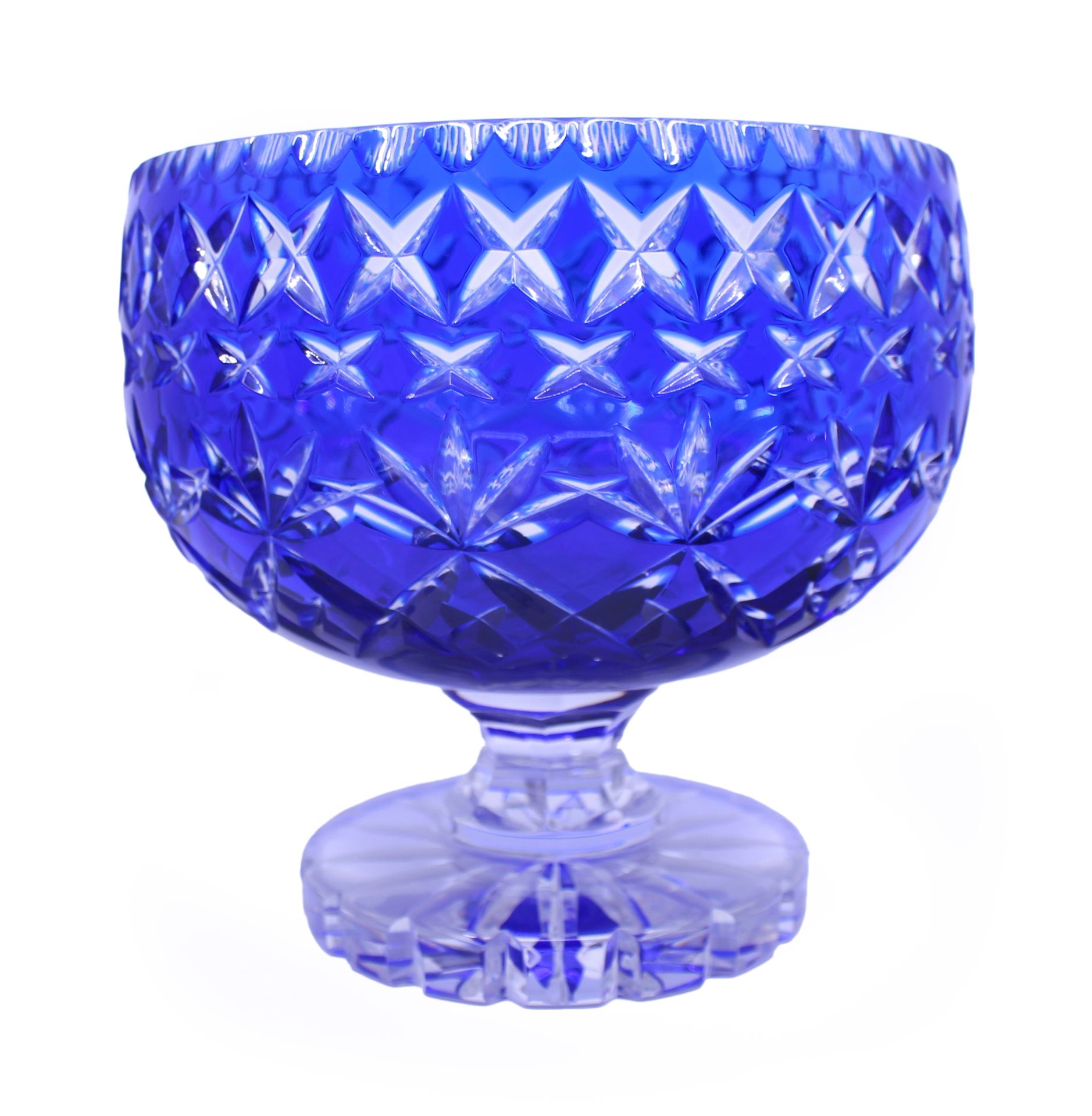 English Blue Overlay Crystal Footed Bowl c.1950