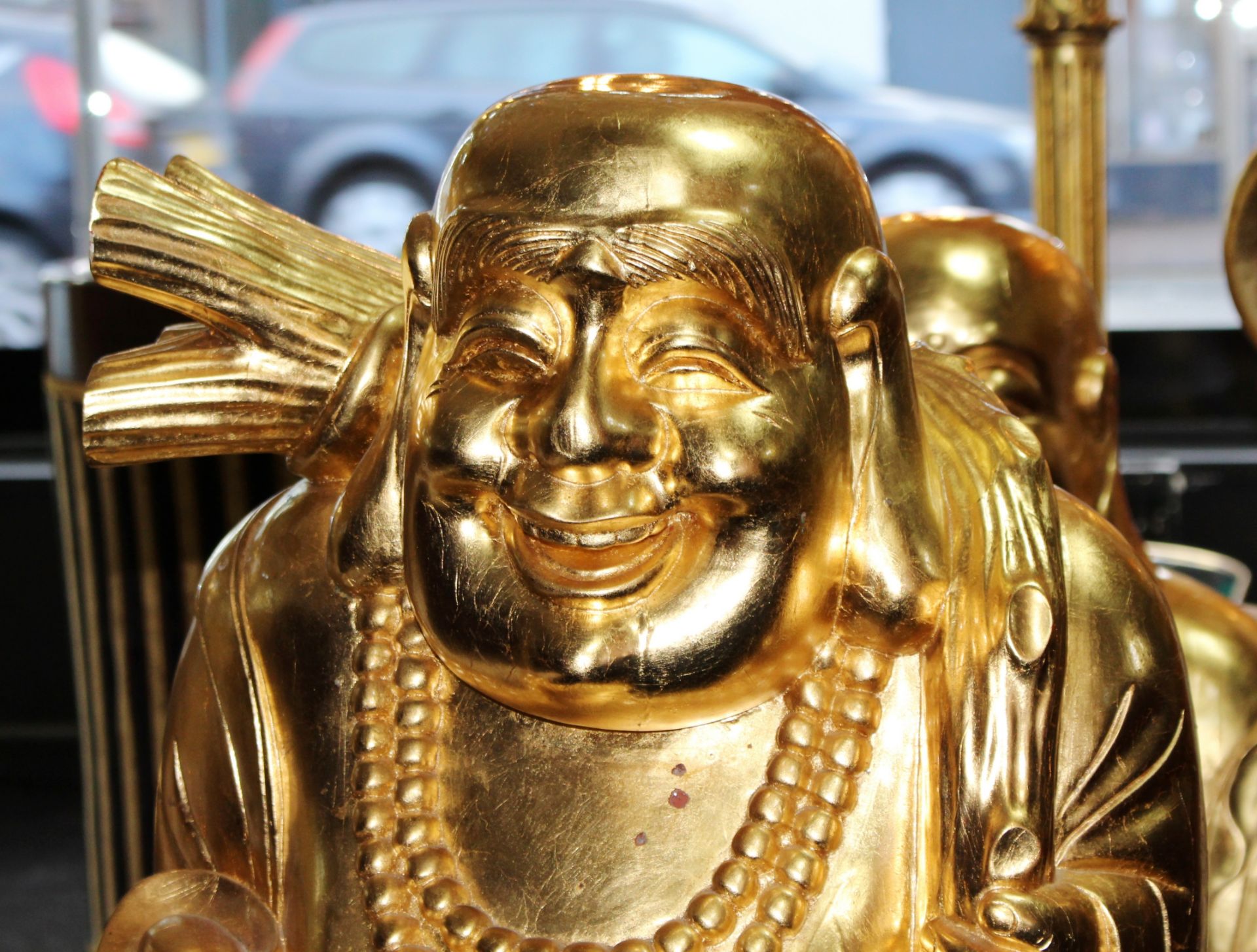 Large Carved Wood Gold Leaf Laughing Buddha on Rocks - Image 2 of 6