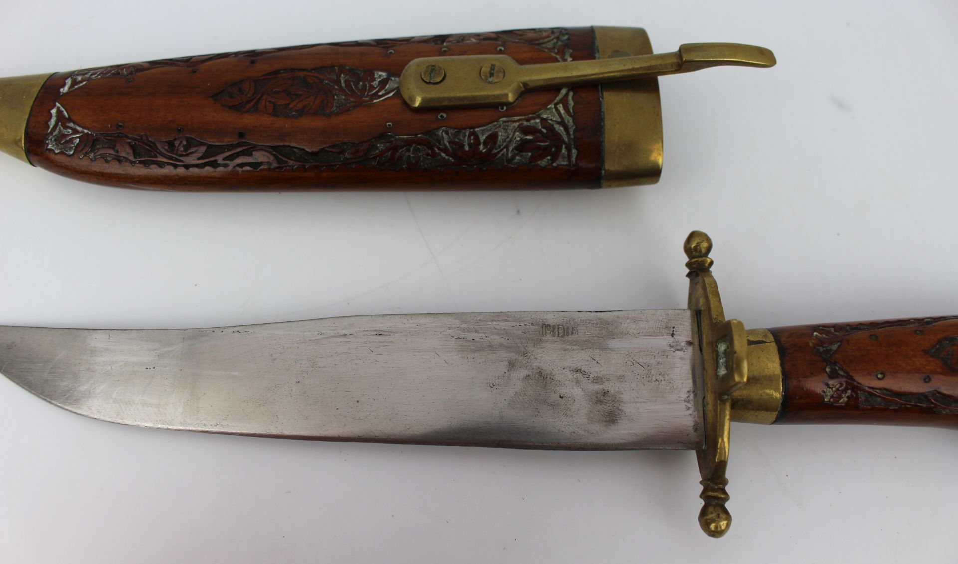 Indian Knife in Hand Carved Wood & Brass Scabbard - Image 5 of 5