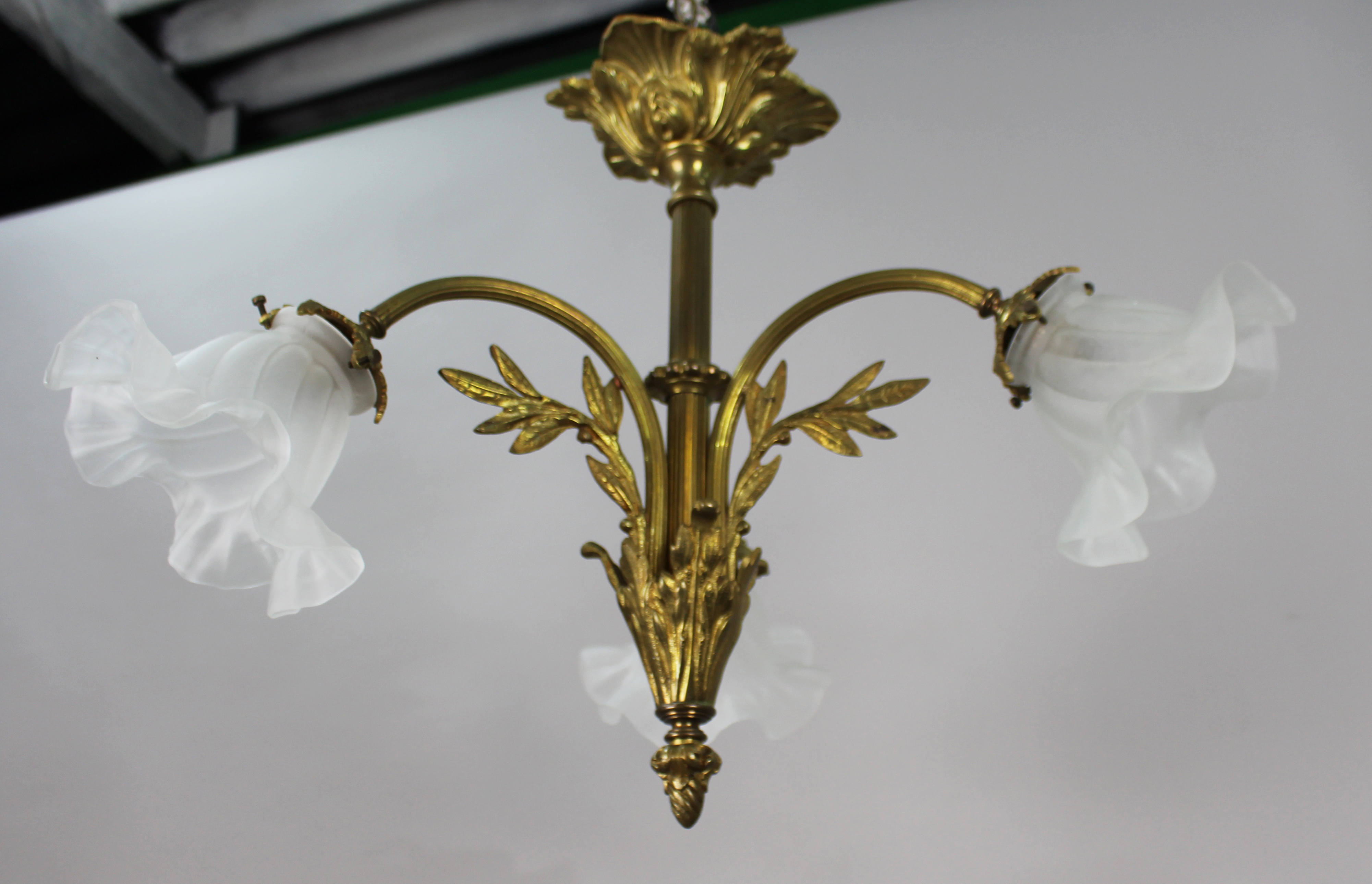 Antique French Gilt Metal 3 Light Chandelier - Image 6 of 9