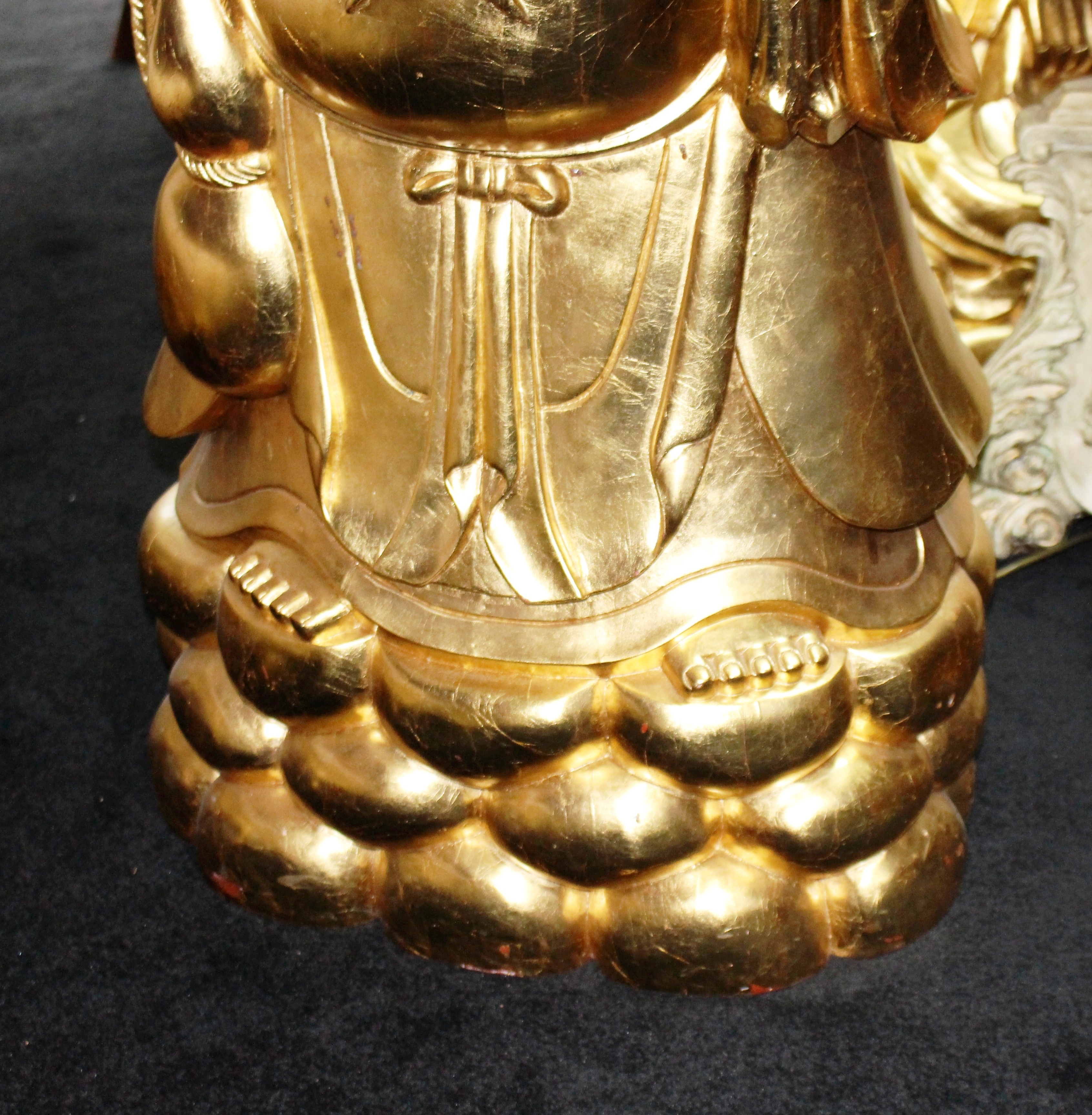 Large Carved Wood Gold Leaf Laughing Buddha on Rocks - Image 5 of 6