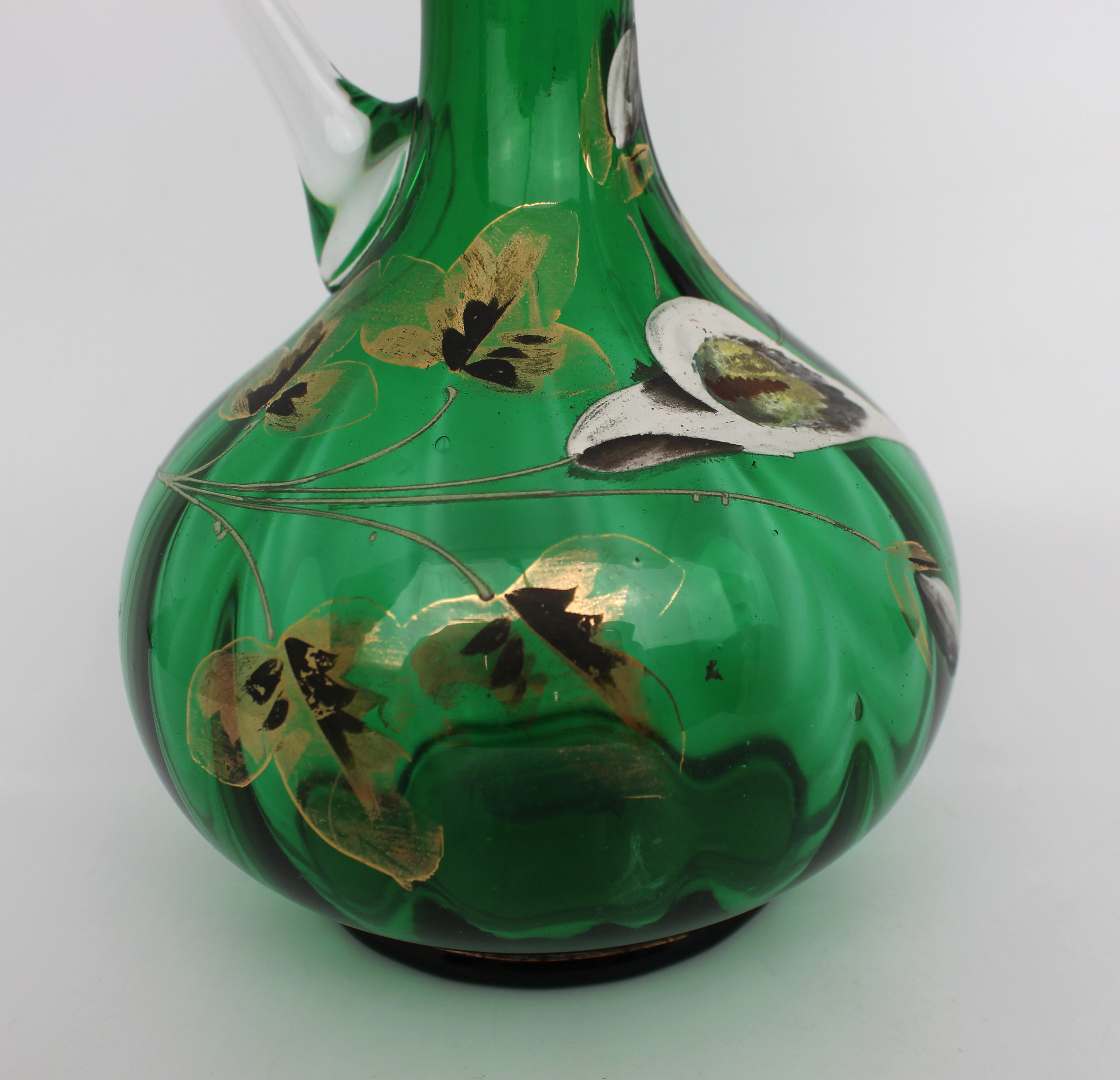 Antique Hand Painted Green Glass Claret Jug - Image 4 of 6