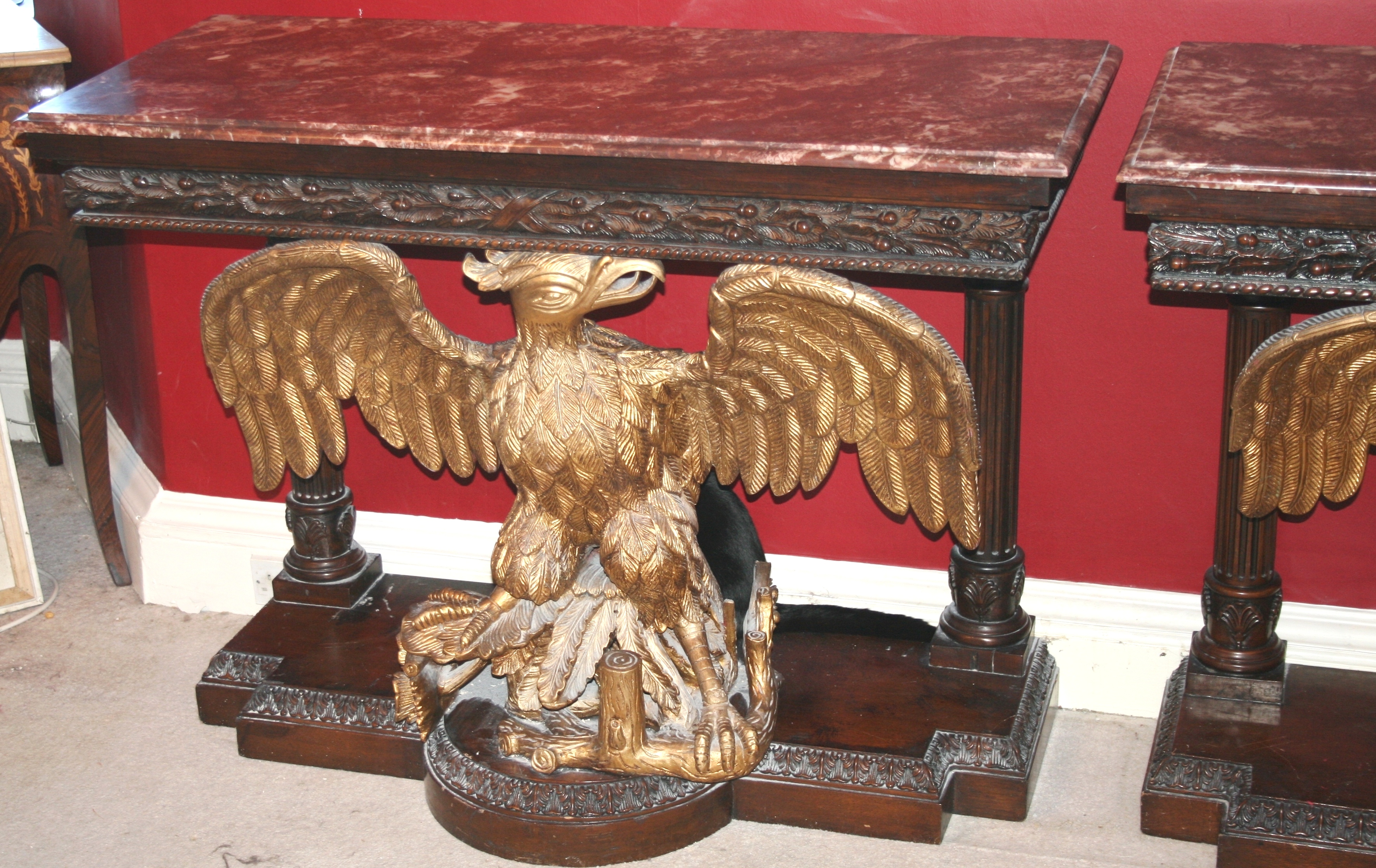 Pair of Marble Topped Mahogany & Giltwood Eagle Console Tables c.1890 - Image 2 of 8