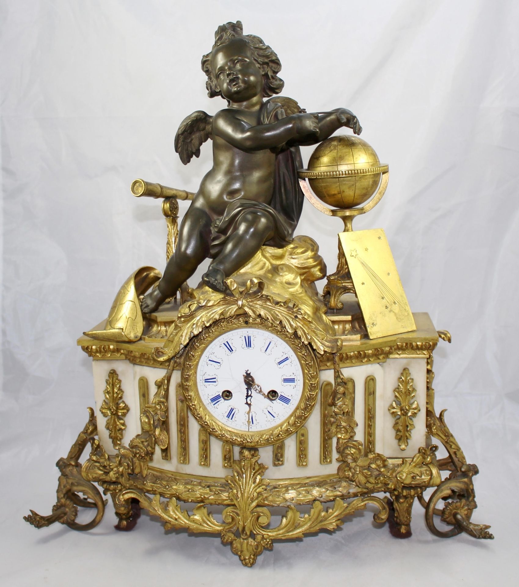 Antique 19th c. Bronze & Marble Ormolu Mantle Clock