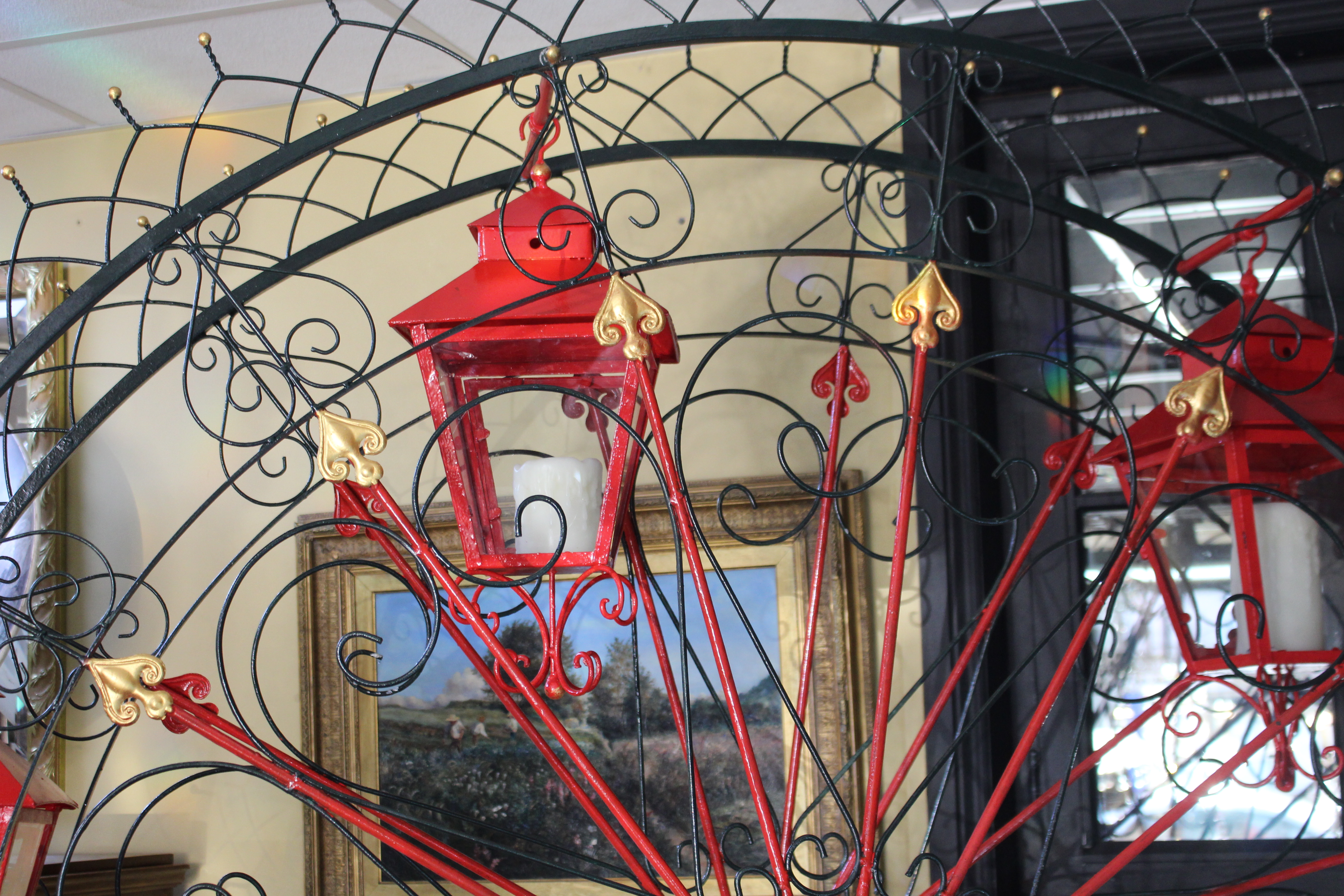 Very Large Painted Metal Garden Ferris Wheel with Lanterns - Image 4 of 6