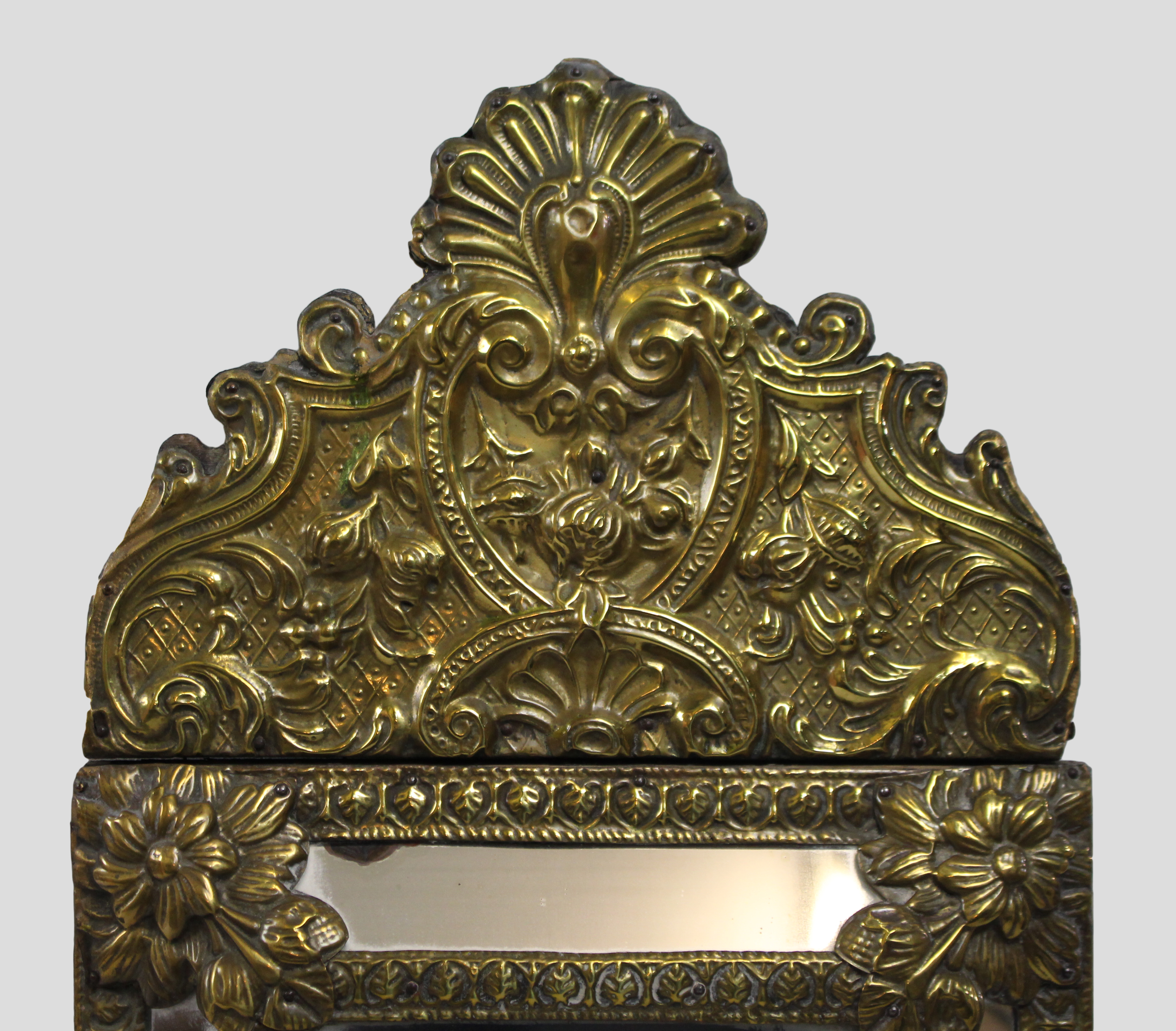 Small 19th c. French Repoussé Brass Cushion Mirror - Image 2 of 4