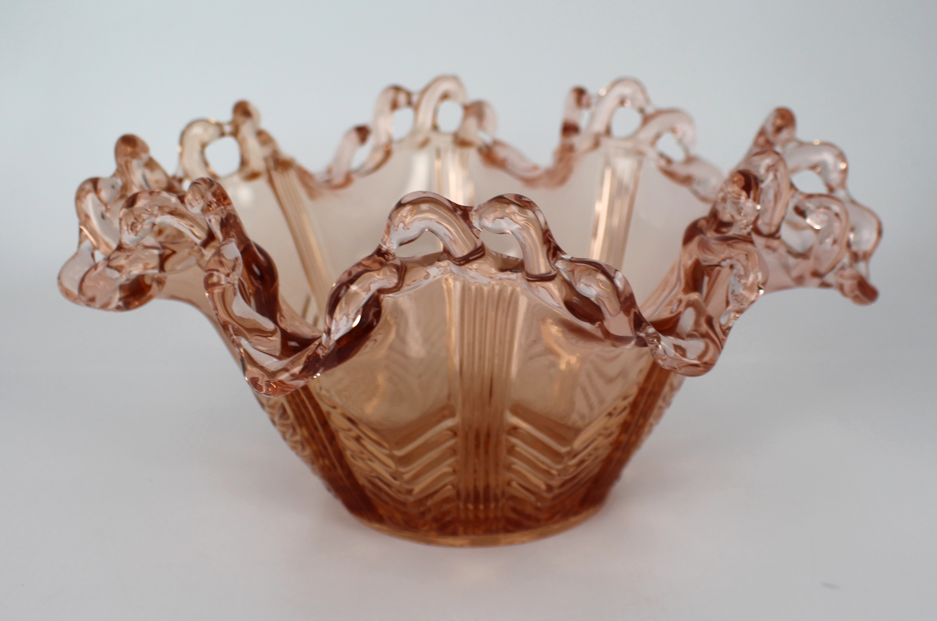 Vintage Brev Italian Pink Glass Pierced Rim Ruffled Bowl